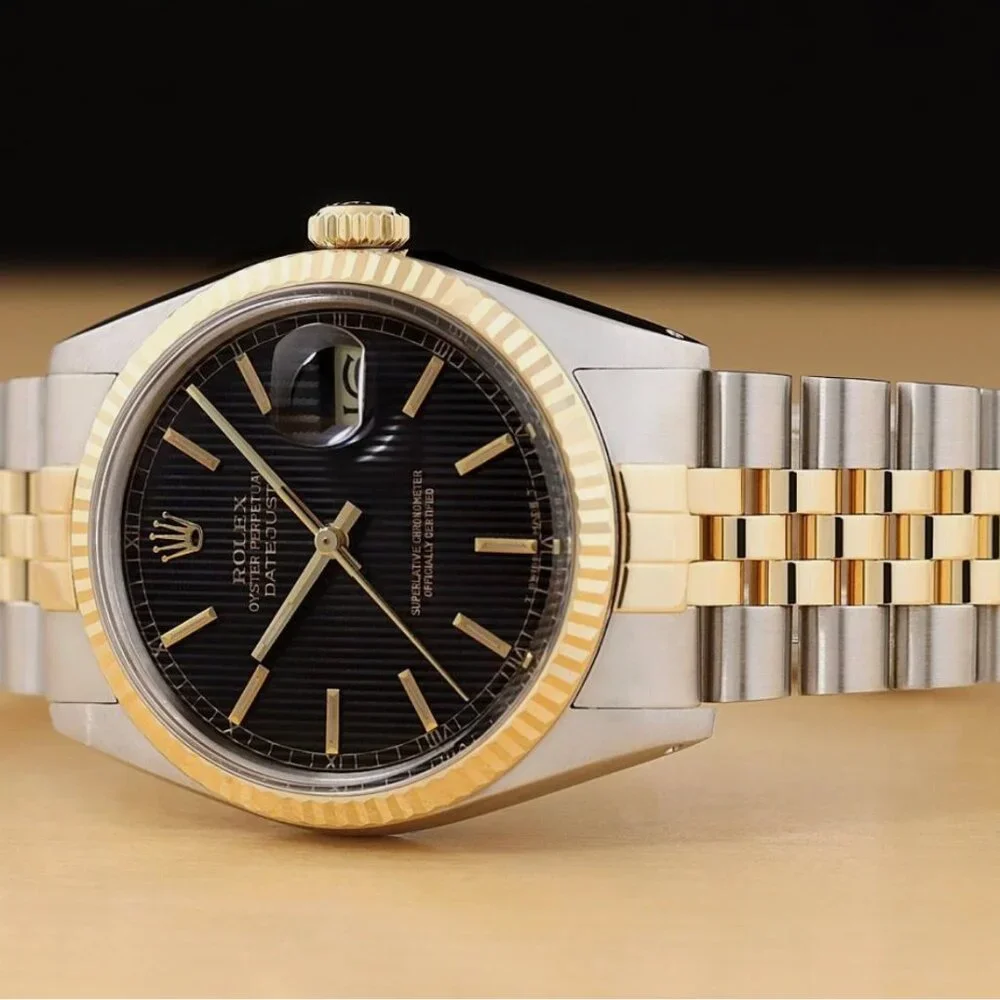 ROLEX MENS DATEJUST BLACK TAPESTRY DIAL 18K YELLOW GOLD STEEL WATCH